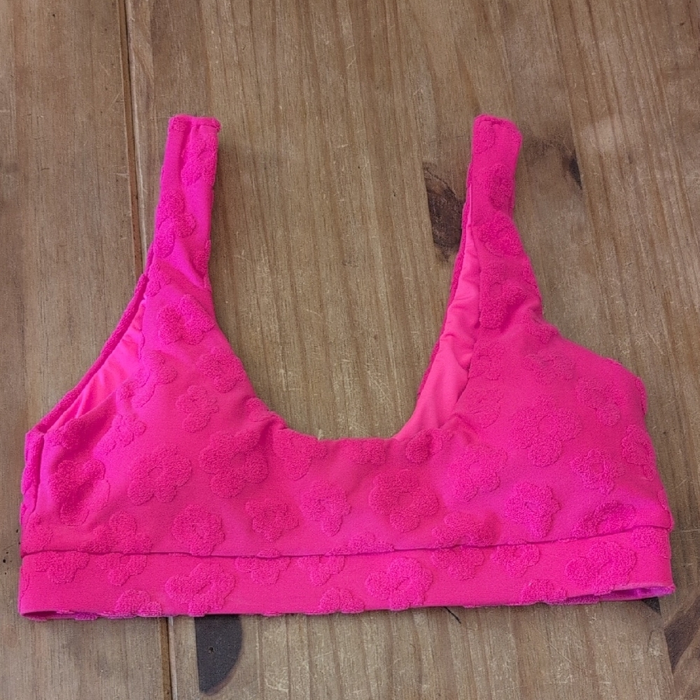 Blushing Brunette Hot Pink Floral Summer Love Swim Top, Size Small